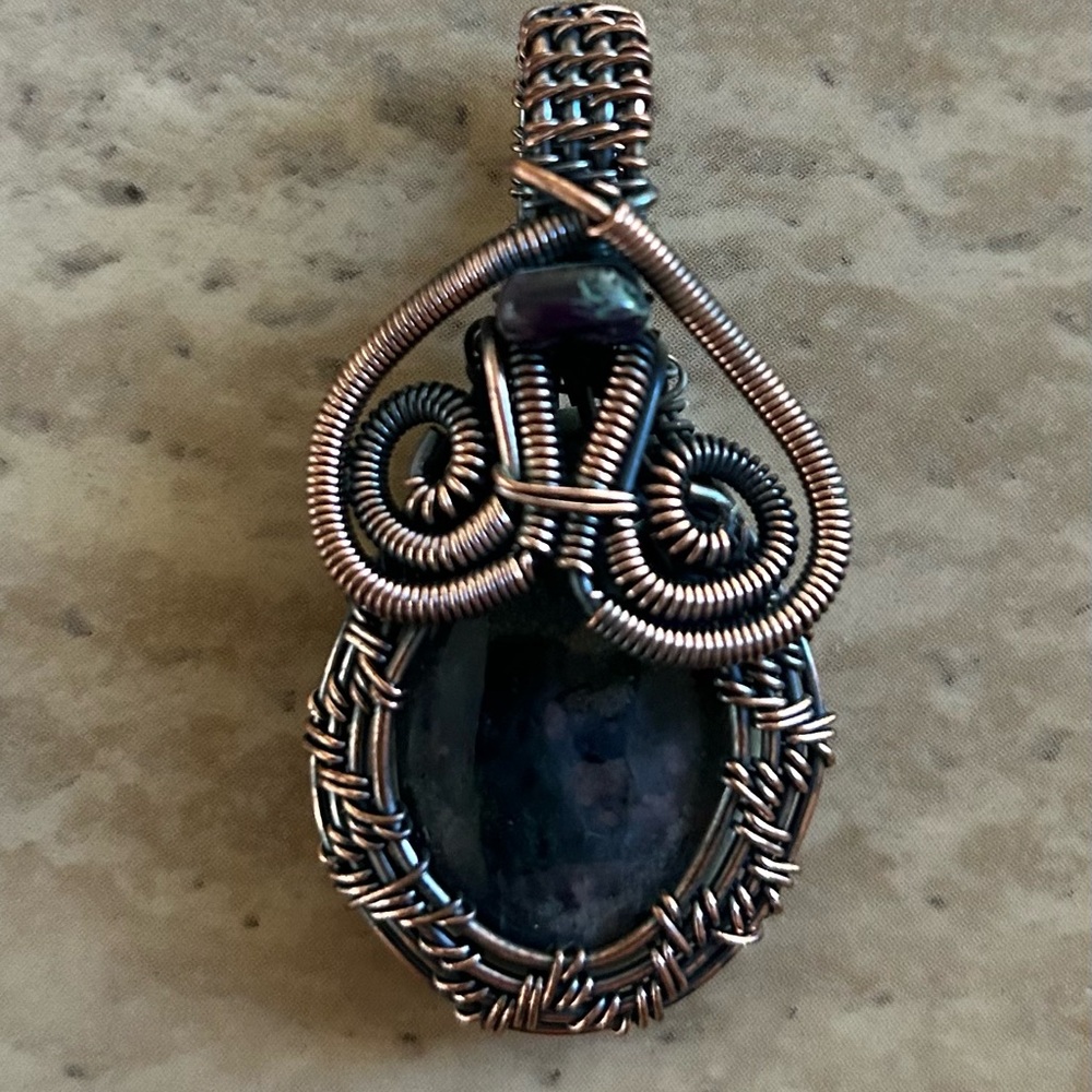 Handmade Copper Wire Wrapped obsidian  Stone Pendant